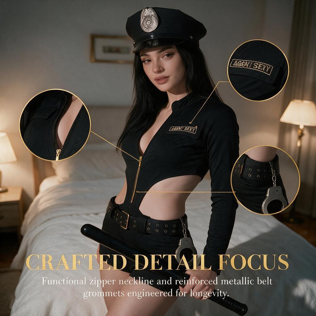 Police Style Cosplay Costume Black Cutout Jumpsuit Zip Front Role Play Outfit